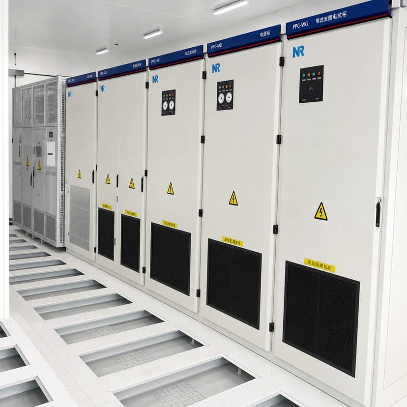 Protection and control cabinets arranged in rows inside the synchronous condenser E-House with a maintenance aisle in front