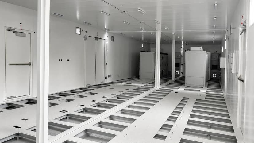 Interior of an assembled double-bay synchronous condenser E-House showing equipment bases, cable trench framing and maintenance aisles