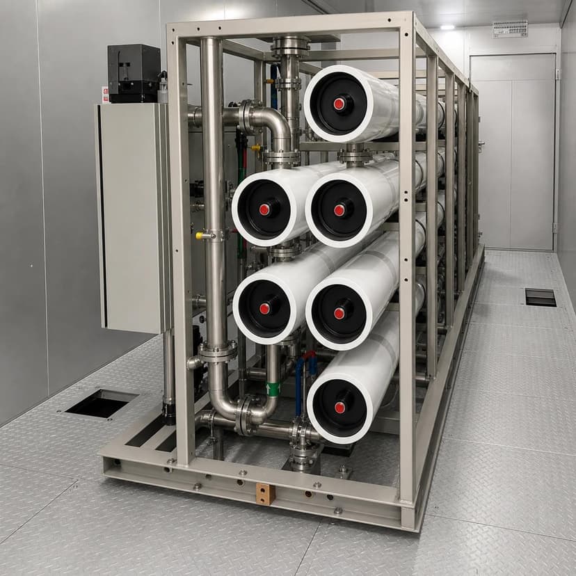 Containerized RO water treatment equipment arrangement showing complete membrane skids and the service aisle