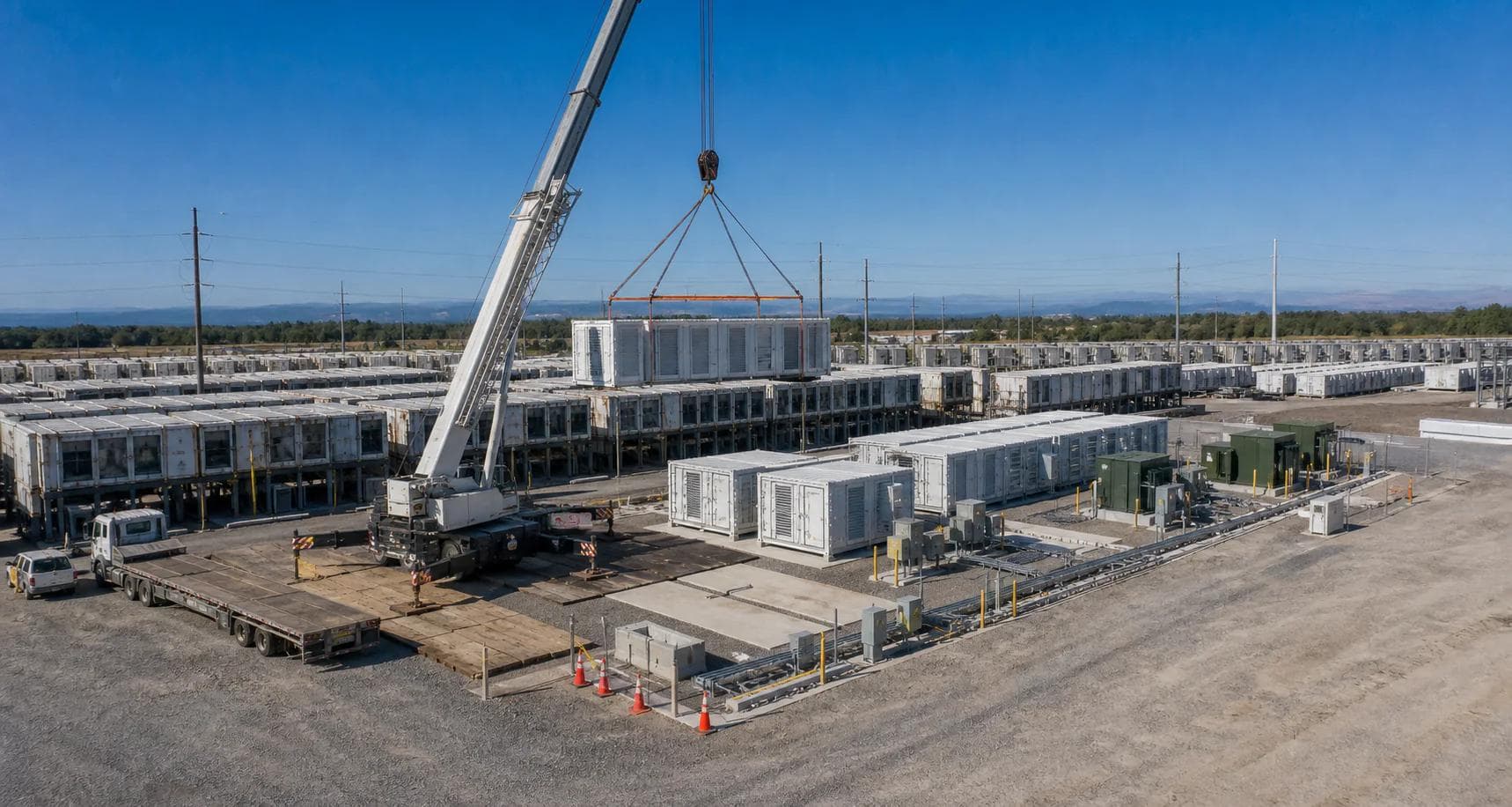 Existing mining farm expansion with a crane lifting a prefabricated compute container