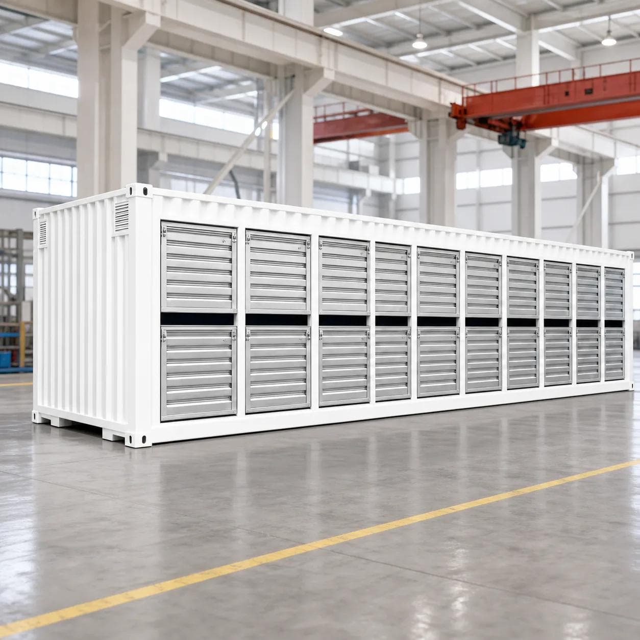 Louvered air-intake walls of a mining container in the workshop