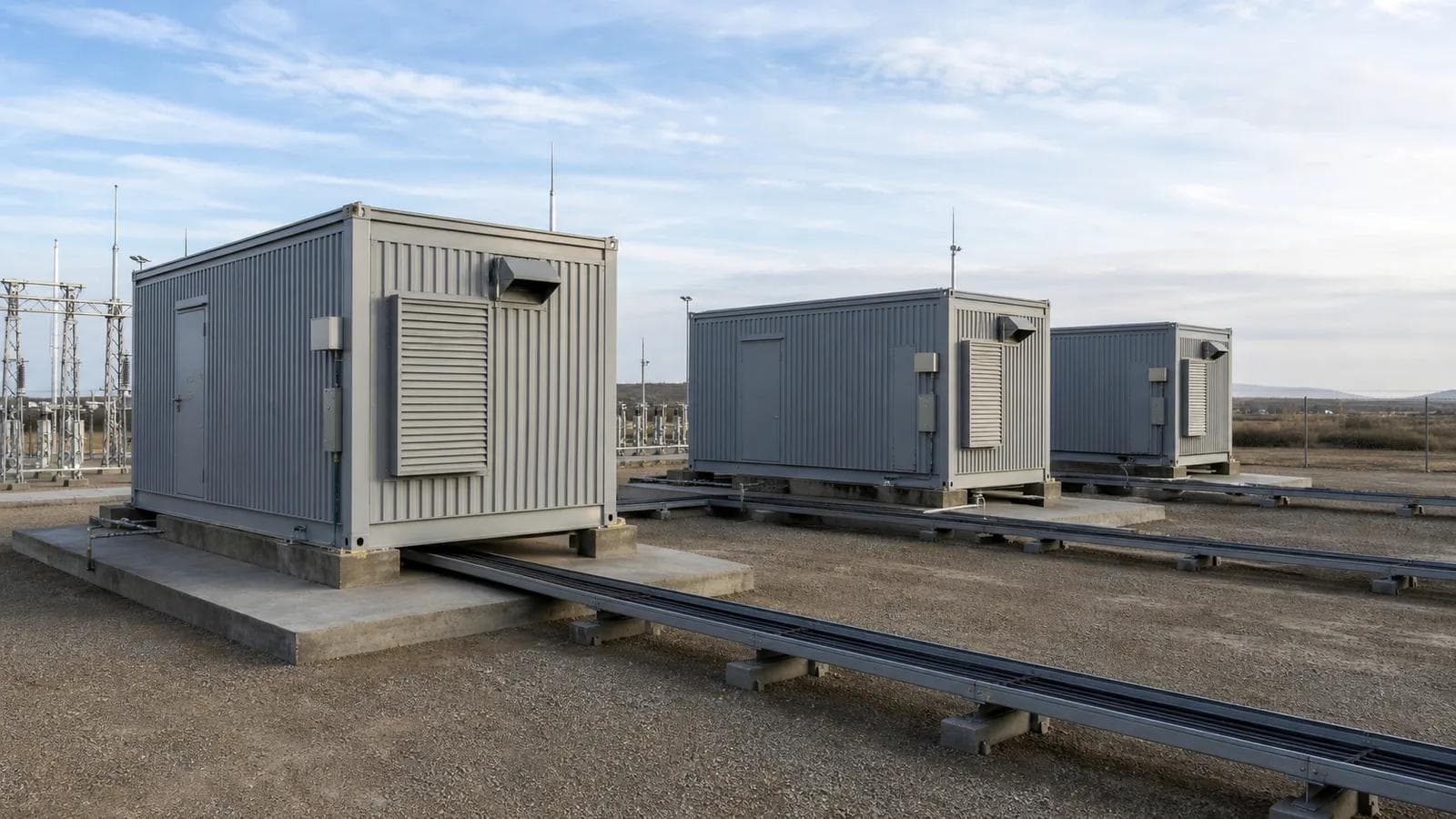 Realistic scene of multiple modular VFD electrical prefabricated enclosures in a phased deployment at a remote site