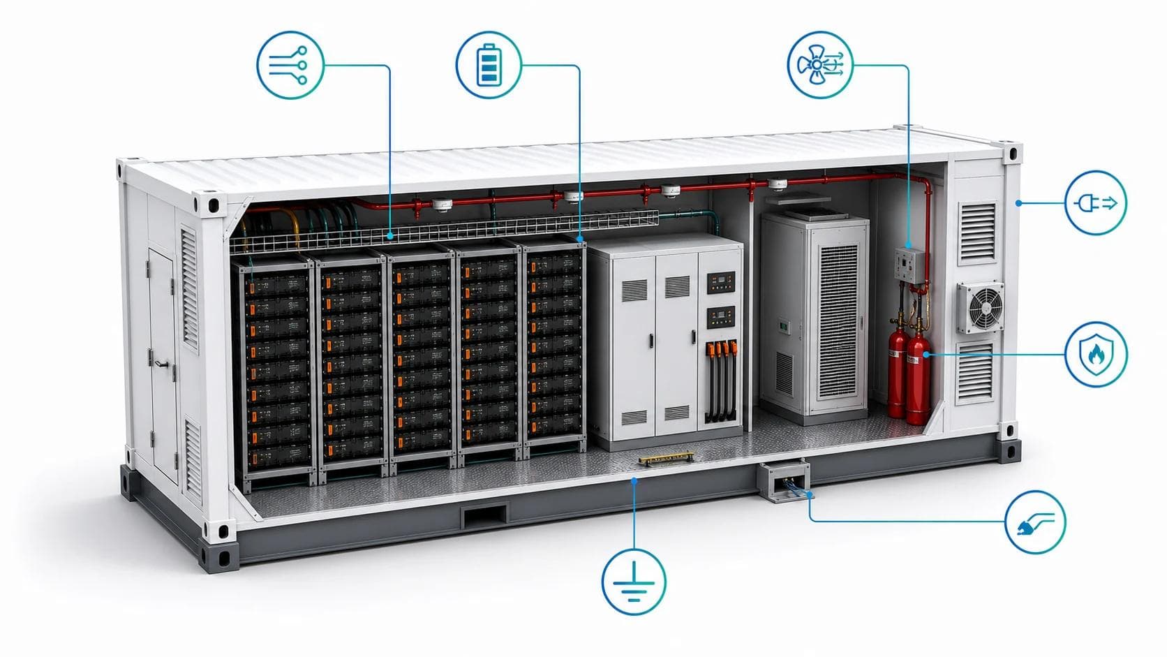 Cutaway of a prefabricated storage enclosure architecture: battery clusters, distribution and PCS, thermal management, fire integration