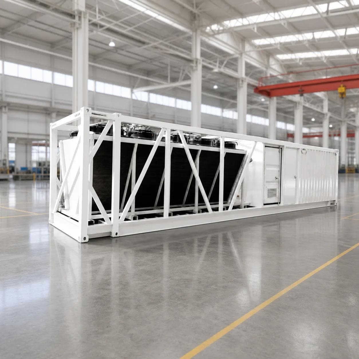 Open-frame container with cooling modules during factory integration