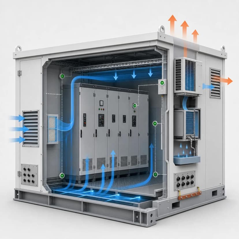 Integrated E-House operating environment — HVAC, fire suppression, access control, and environmental monitoring