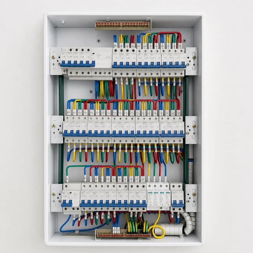 Auxiliary distribution board of the synchronous condenser E-House with labeled circuits and wiring
