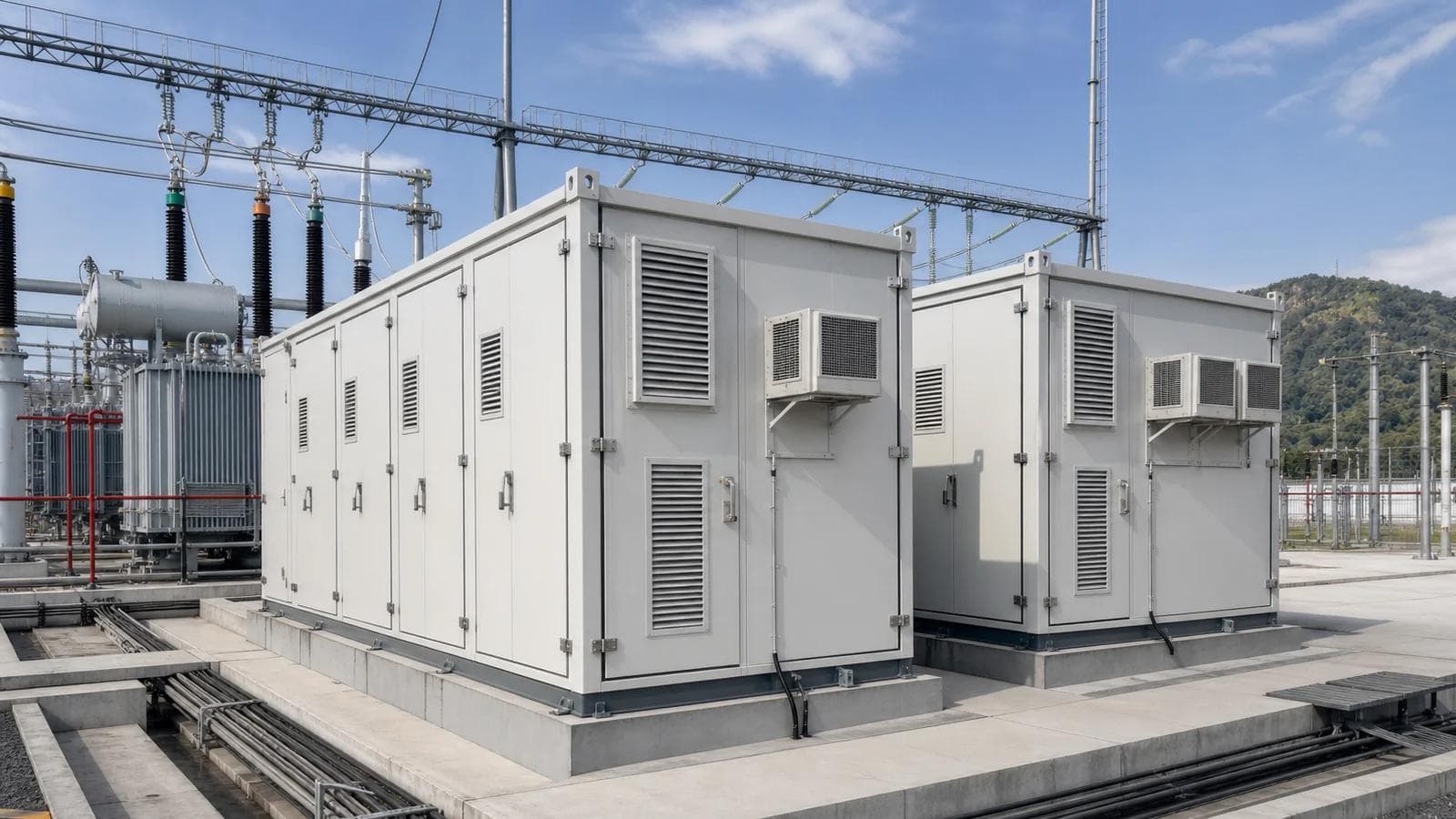 Realistic grid synchronous condenser station with prefabricated electrical E-House modules