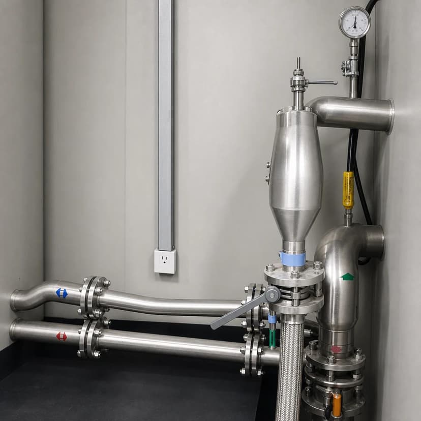 Stainless-steel cooling-water pipework and valve set inside the Ultra-Long VFD E-House