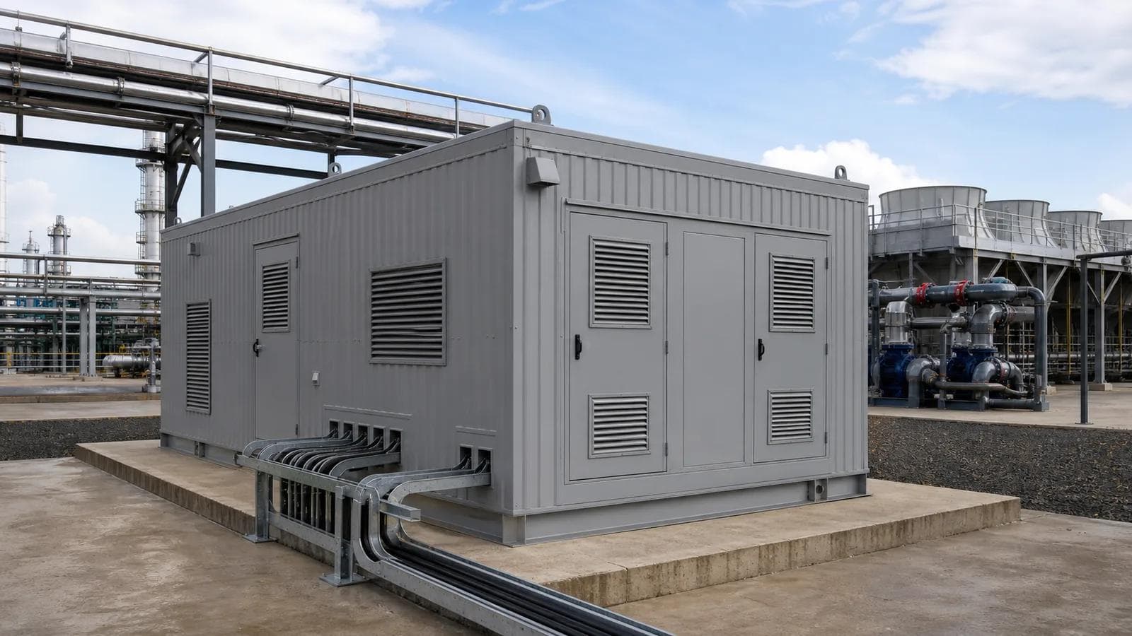 Realistic application scene of an electrical prefabricated enclosure for industrial process pump and fan drive systems