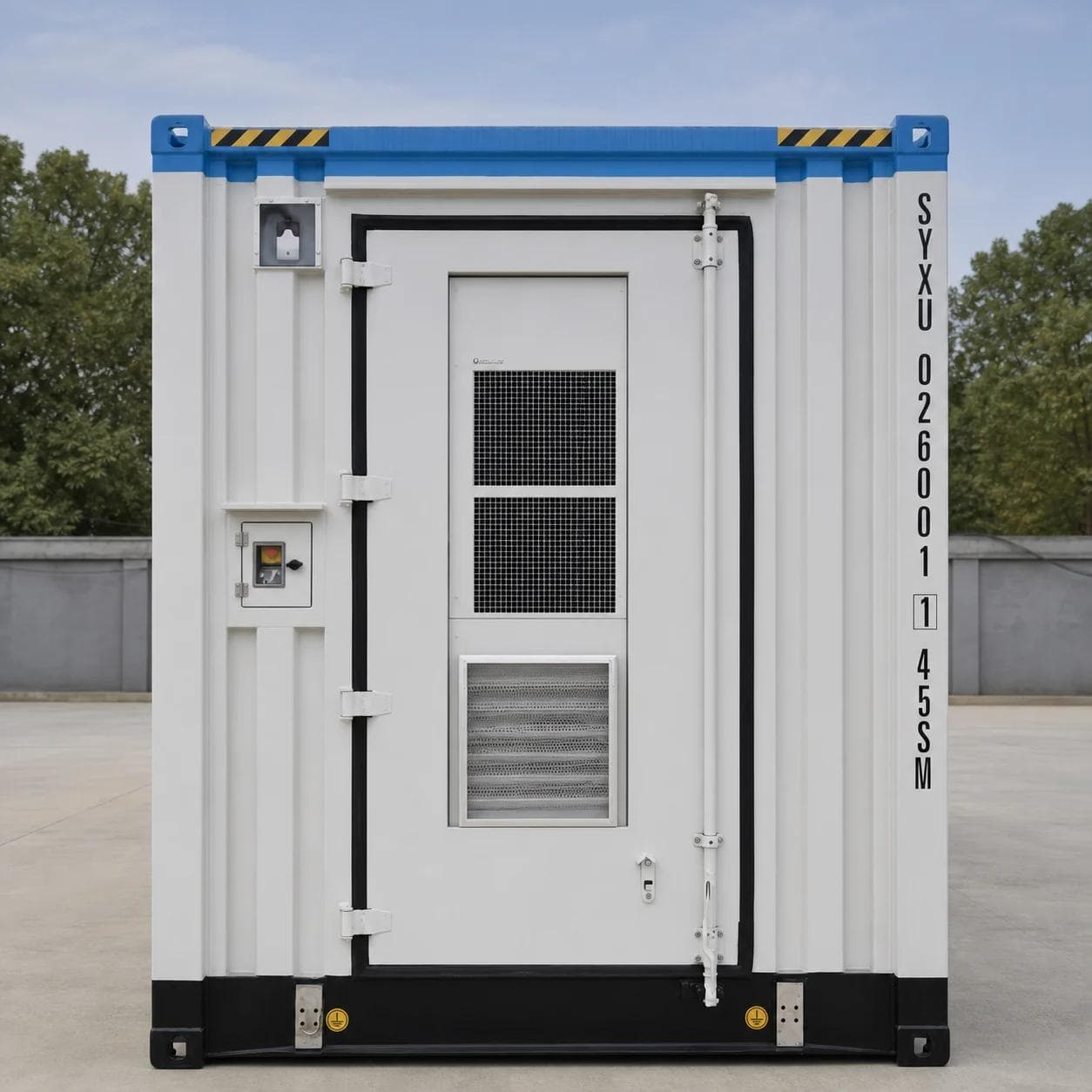 End elevation of the containerized module with door-mounted air conditioning and louvre