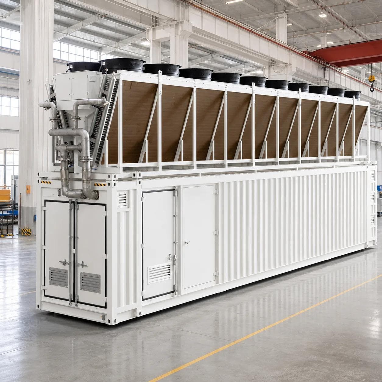 Liquid-cooled mining container with rooftop dry coolers and stainless piping