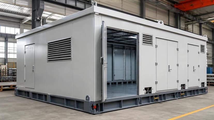 Integrated E-House zone layout — primary switchgear and secondary protection panel zones with cable routing