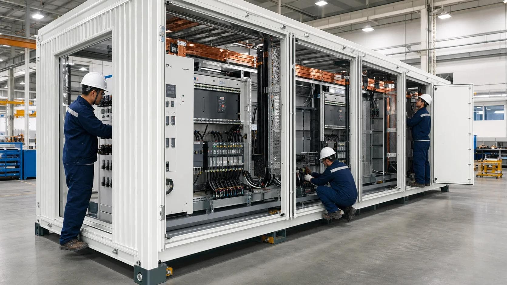 Equipment assembly and integration inside the prefabricated electrical enclosure at the factory