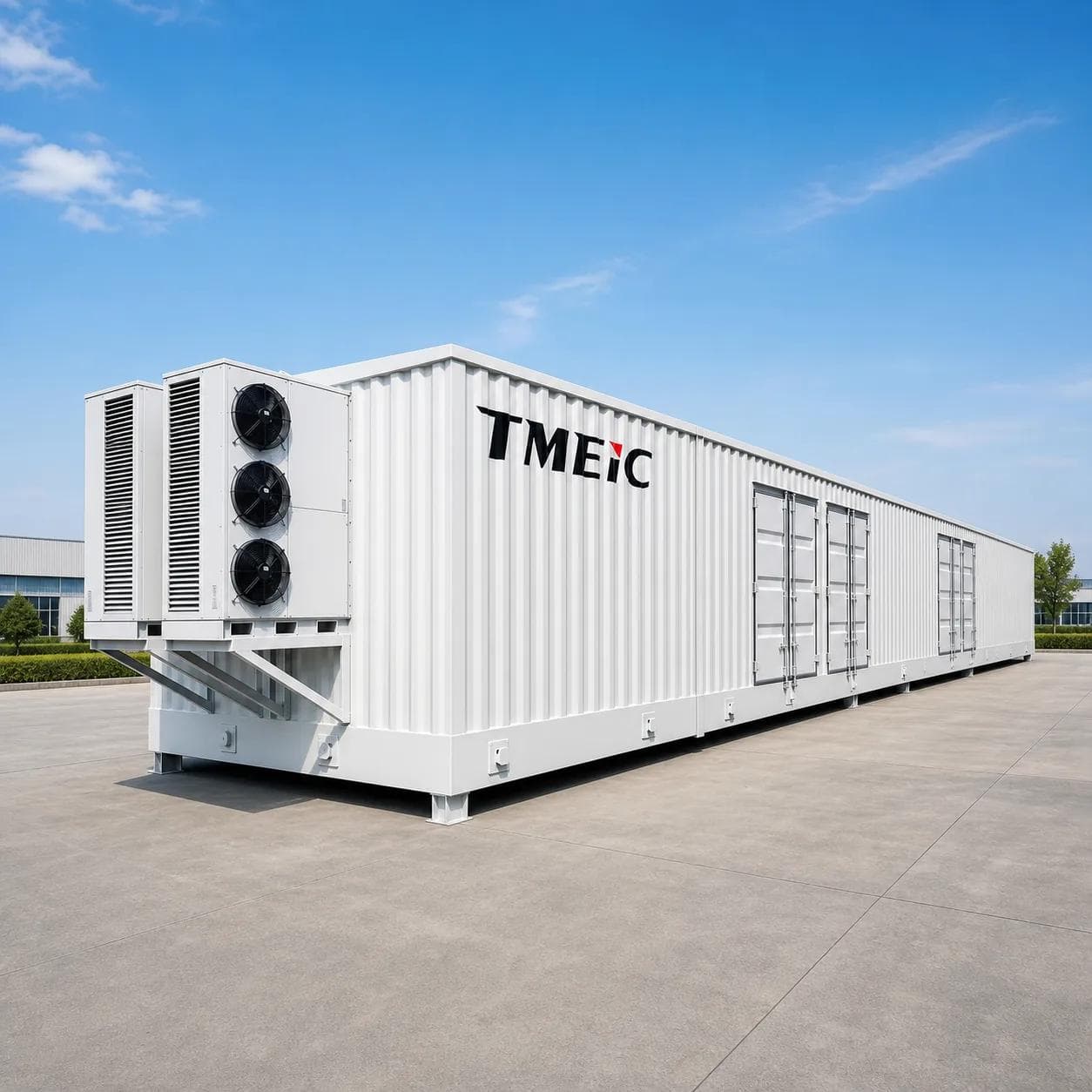Ultra-long HV VFD E-House shell for the Julong Copper Mine project, with TMEIC branding on the enclosure side and an external ventilation and cooling unit at the left end