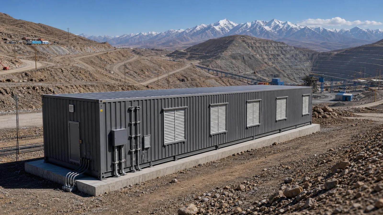 Realistic scene of an ultra-long prefabricated electrical enclosure for high-power drives at a high-altitude mine