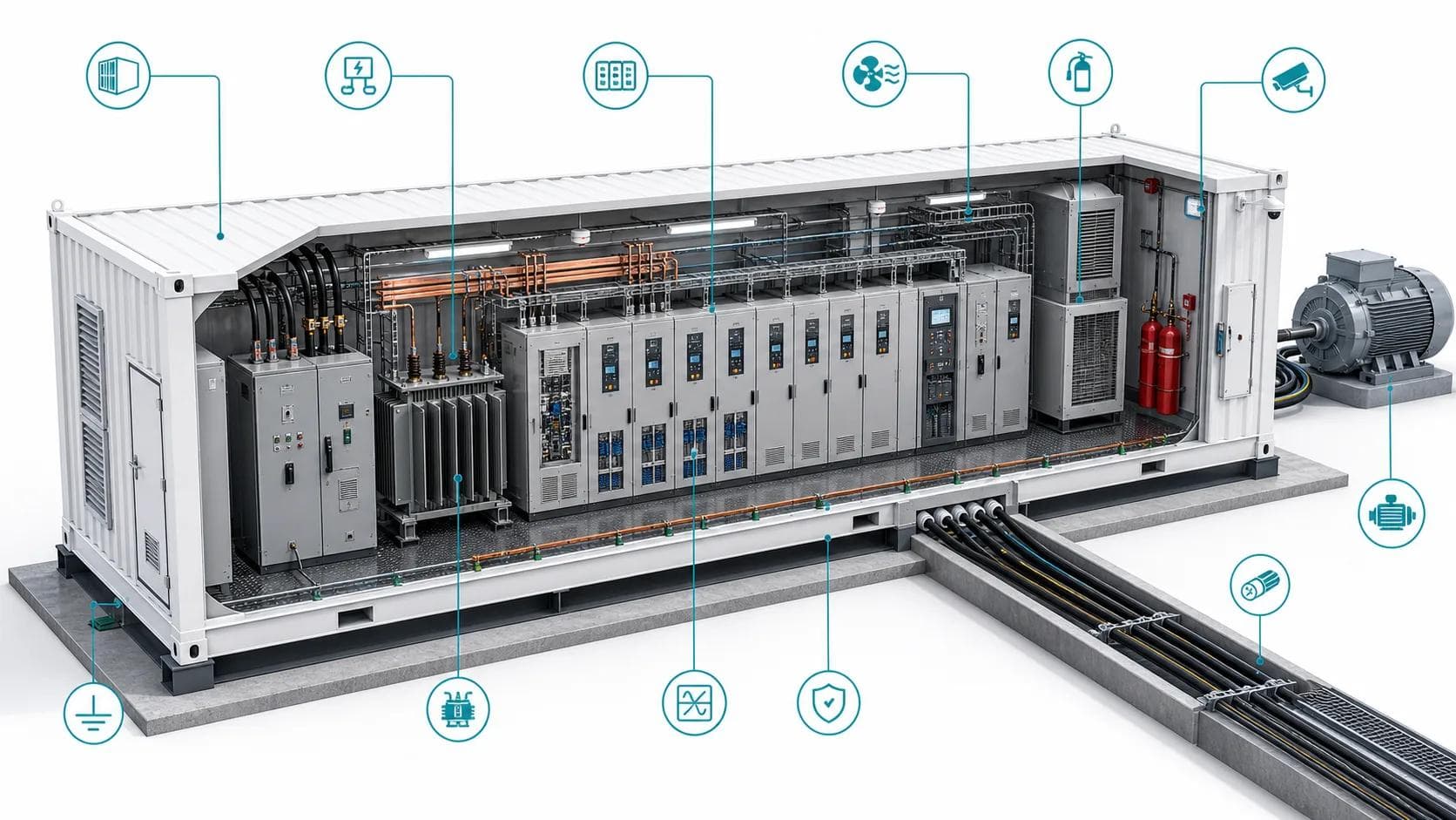 Isometric cutaway diagram of a high-voltage VFD electrical prefabricated enclosure showing system integration