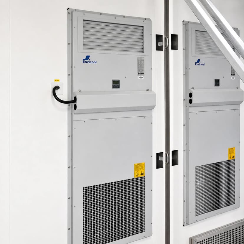 Wall-mounted industrial air conditioners controlling temperature and humidity inside the synchronous condenser E-House