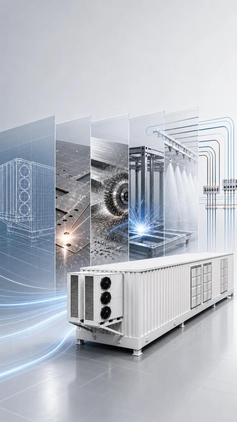 Vertical concept image of the factory prefabrication process for an ultra-long high-voltage VFD electrical enclosure