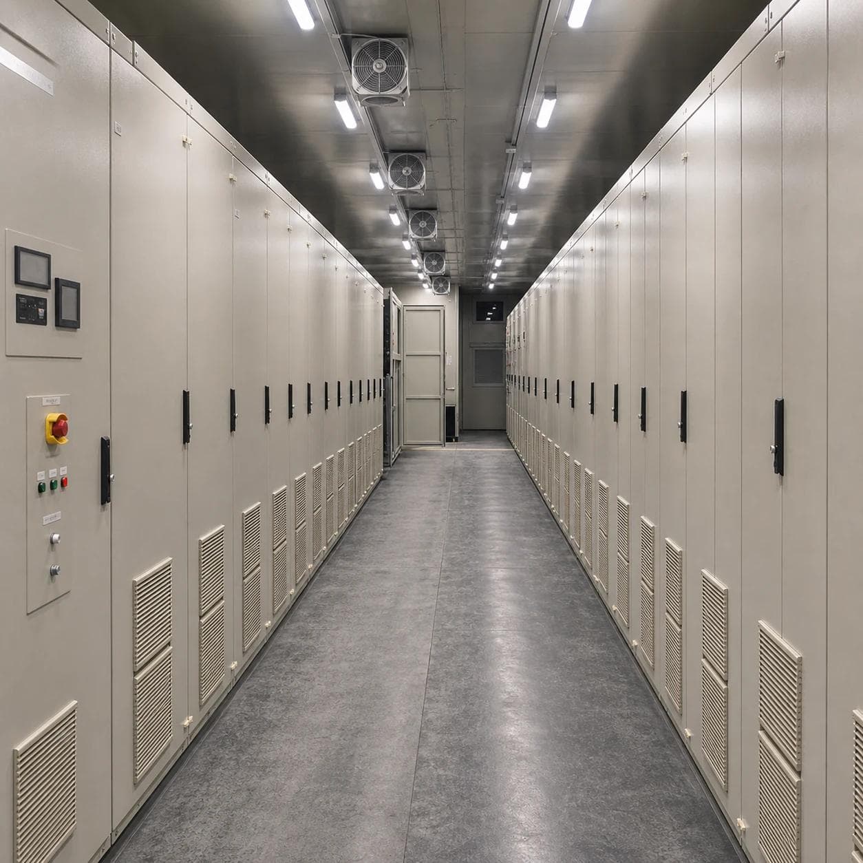 Row of VFD cabinets and a through service aisle inside the Ultra-Long VFD E-House