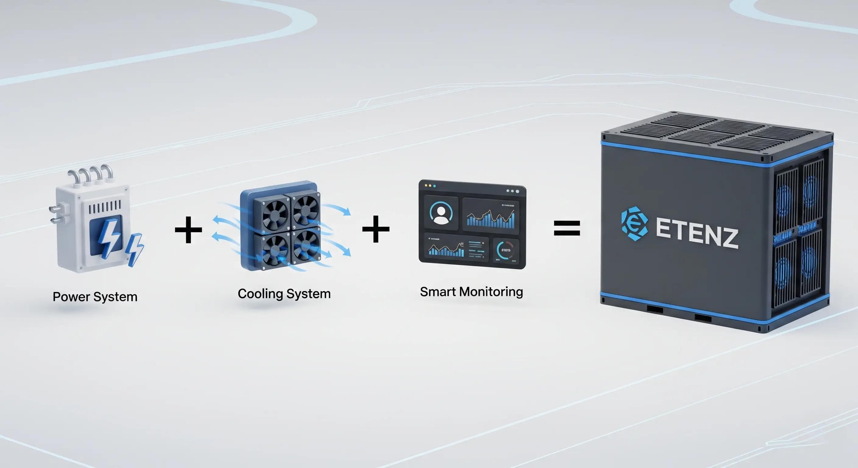 ETENZ crypto computing infrastructure system architecture covering enclosure, power distribution, airflow, monitoring, and operations boundaries