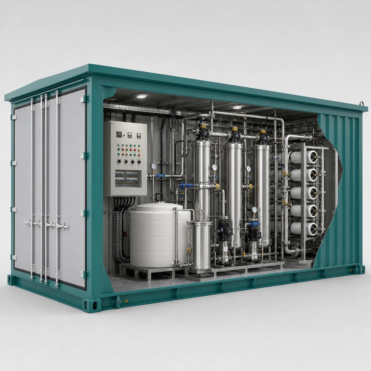 Containerized RO water treatment system integration concept showing membrane skids, filtration units, piping, valves, instruments and power distribution inside a prefabricated cabin