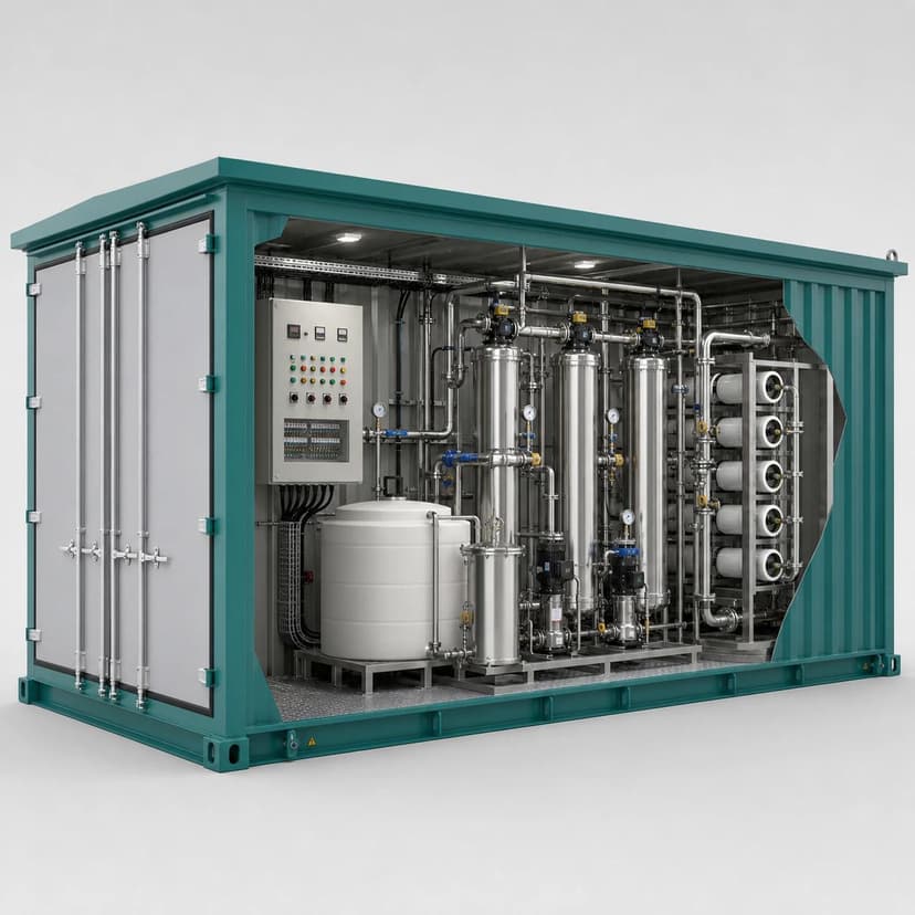 Containerized RO water treatment system integration concept showing membrane skids, filtration units, piping, valves, instruments and power distribution inside a prefabricated cabin
