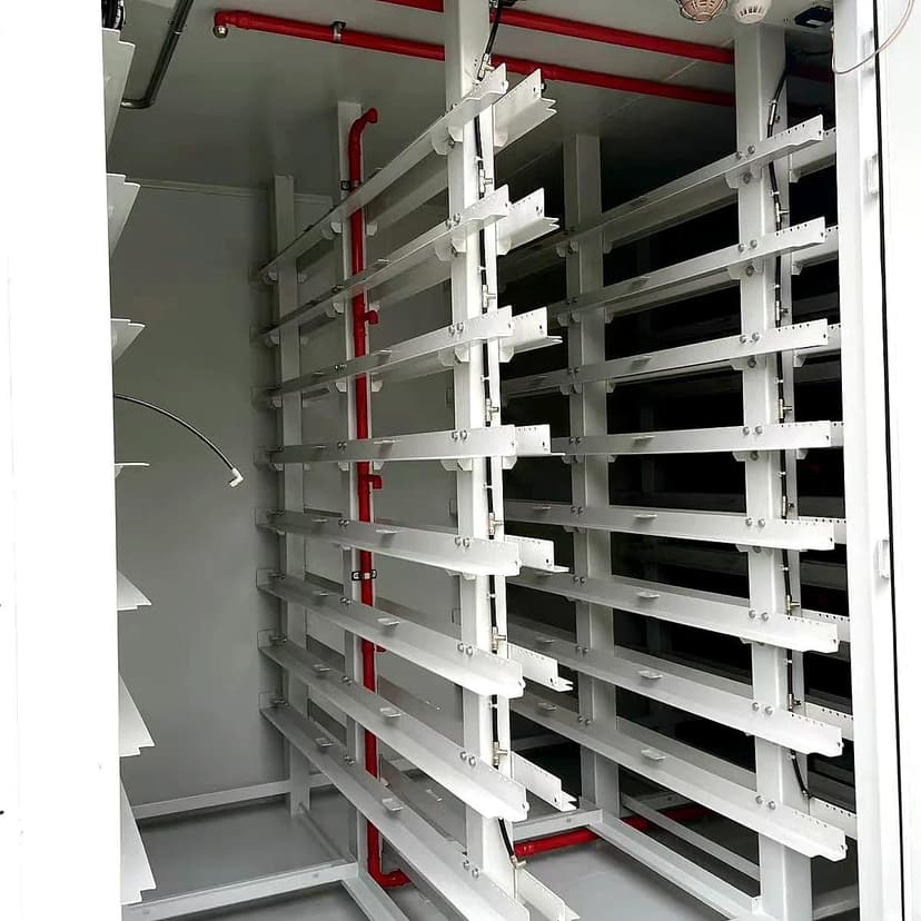 Multiple battery-rack rows inside the cabin