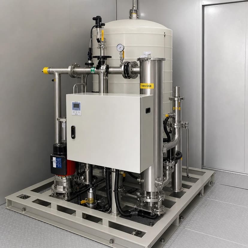 Pretreatment and pump skid inside the cabin with cartridge filter housings, pump group, control box and valved piping