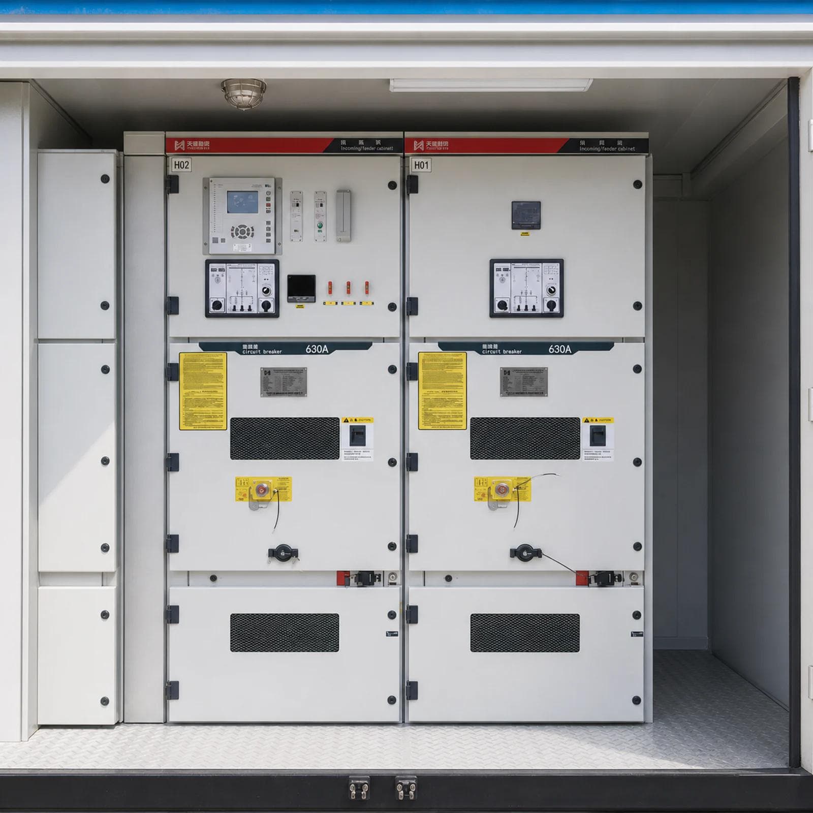 Incoming and outgoing feeder cabinets with 630 A circuit breakers and removable floor covers